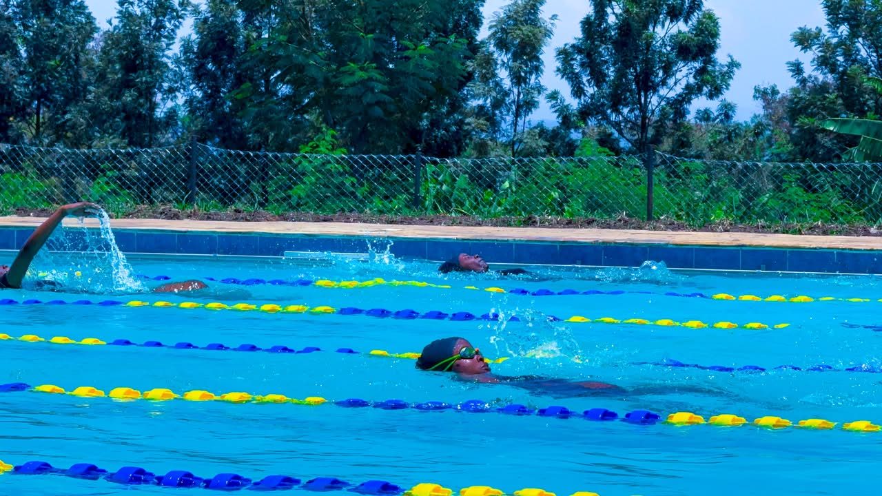 Swimmers racing in the lanes during the competition