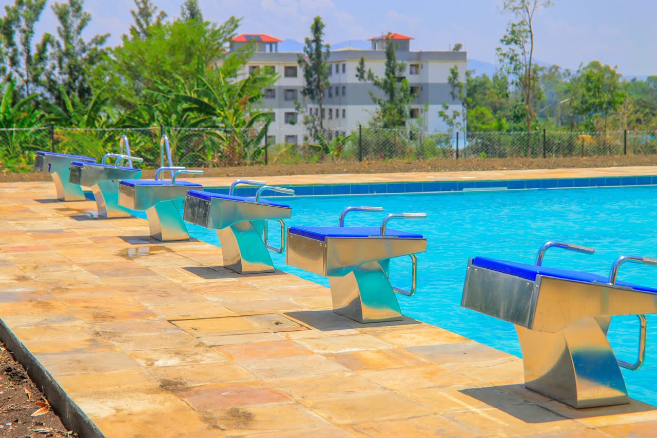 A row of competition-standard starting blocks